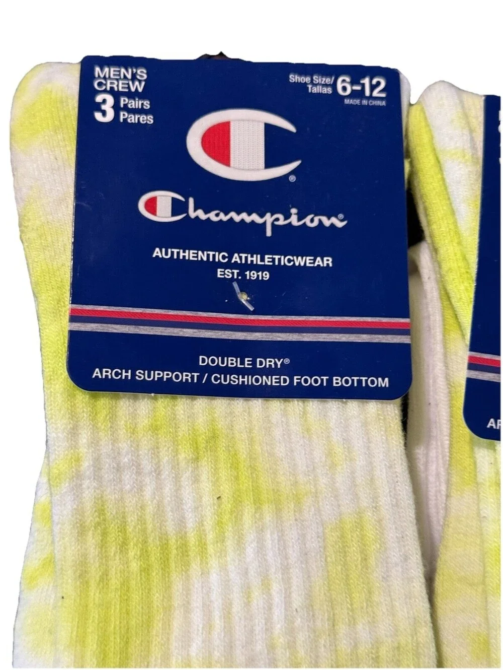 Champion Men's Crew Socks 3 Pairs Size 6-12 Yellow Tie-Dye